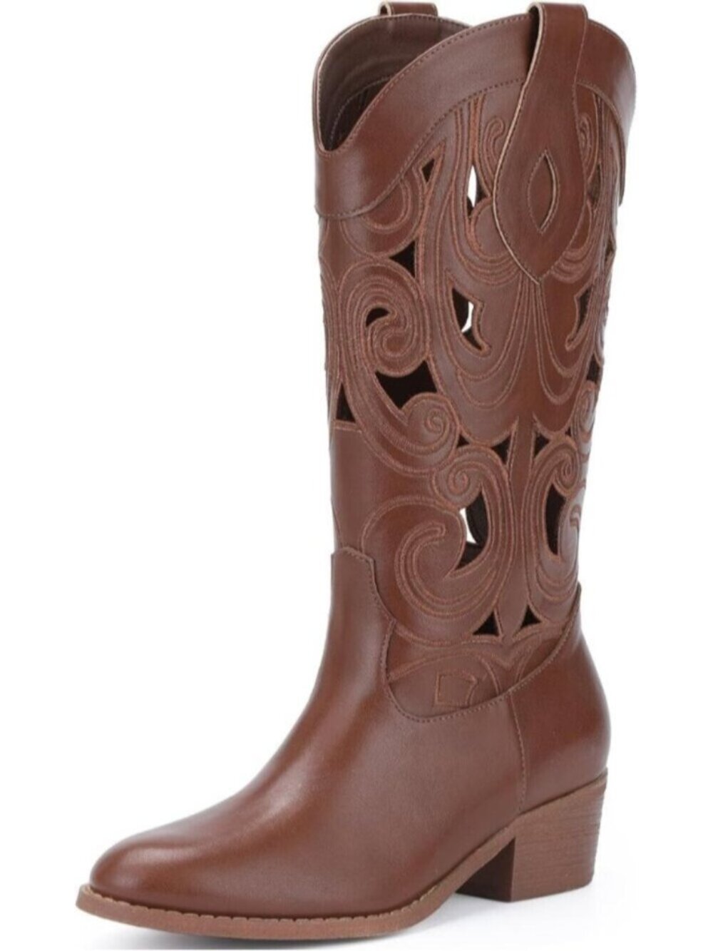 Women's Caramel Cutouts Western Cowgirl Boot Embroidered Chunky Heel Boots